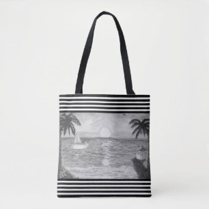 Bolsa Tote Black White Stripes & Ocean Beach Landscape