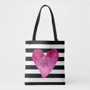 Bolsa Tote Black + White Stripes Watercolor Nome do Coração R