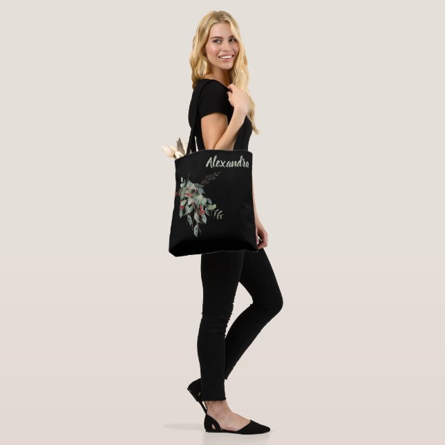 Bolsa Tote Black with Watercolor Leaves & Berries Named  (No(a) Modelo)