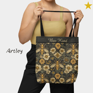 Bolsa Tote Black Yellow Bees Vintage Floral Phrase Personaliz