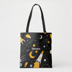 Bolsa Tote Black Yellow Outer Space Stars Rocket Toket Bag