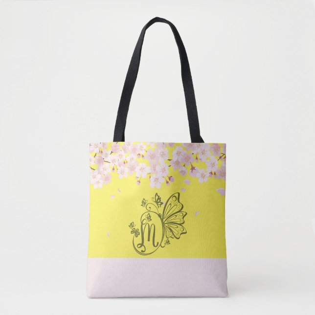 Bolsa Tote Blooms e borboletas: Monograma Amarelo - M (Frente)
