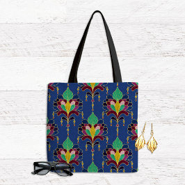 Bolsa Tote Blue and Gold Art Deco Floral Ornament