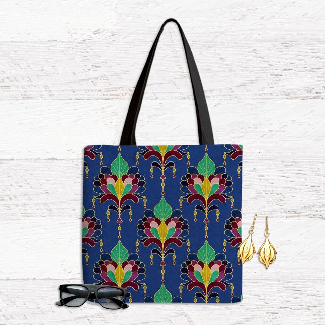 Bolsa Tote Blue and Gold Art Deco Floral Ornament (Criador carregado)