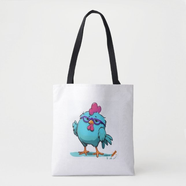 Bolsa Tote "Blue Cartoon Chicken Bag com Teal Comb & Purple (Frente)
