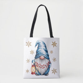 Bolsa Tote Blue Christmas Gnome with Red Lantern Berries