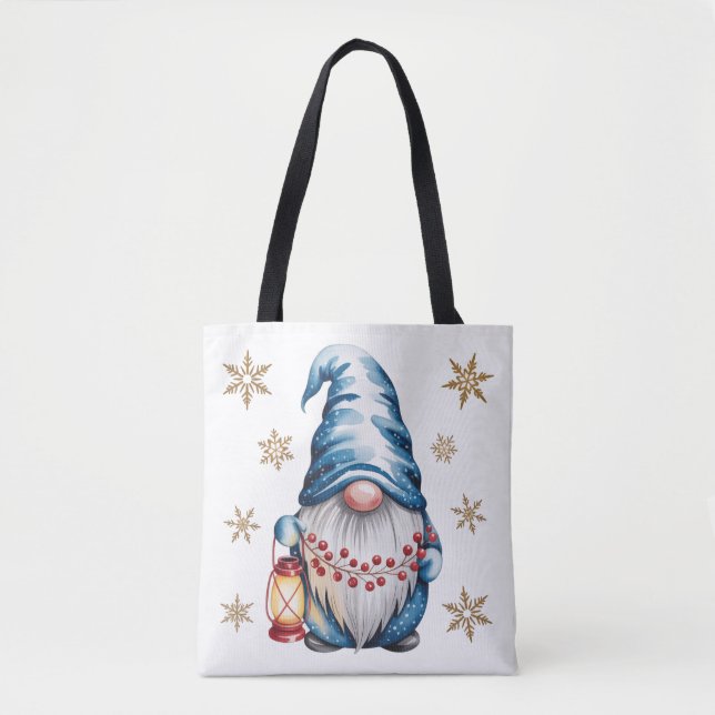 Bolsa Tote Blue Christmas Gnome with Red Lantern Berries (Frente)
