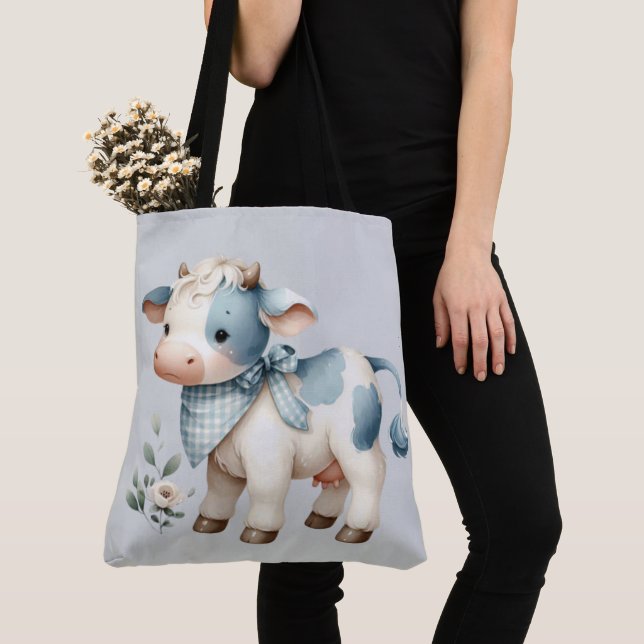 Bolsa Tote Blue Gingham Baby Cow Pastel Farm Aesthetic (Close Up)