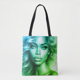 Bolsa Tote Blue + Green Photo of a Woman on Reusable Grocery