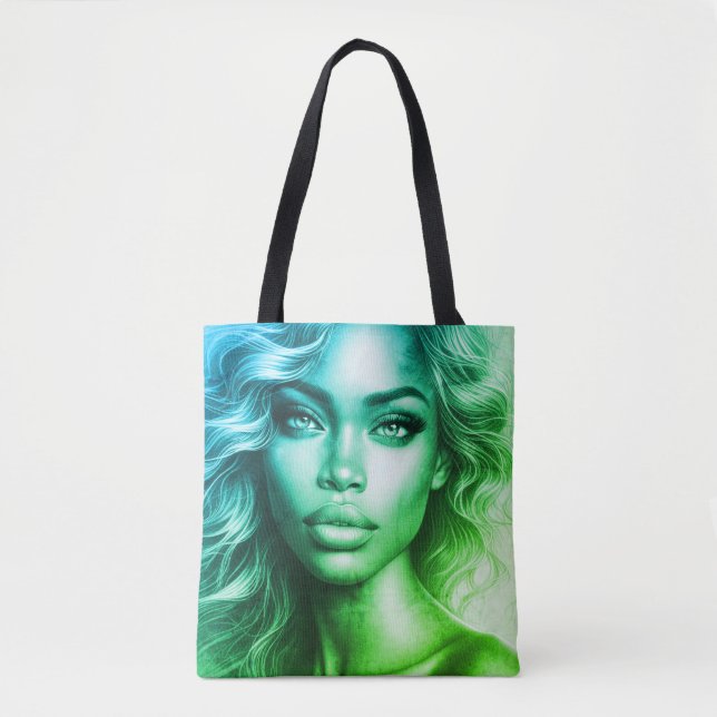 Bolsa Tote Blue + Green Photo of a Woman on Reusable Grocery (Frente)