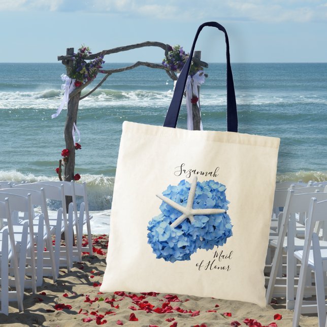 Bolsa Tote Blue Hydrangea Starfish Bridesmaid Partido Bridal (Criador carregado)