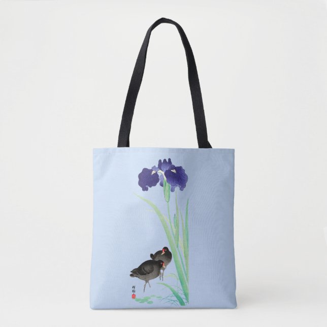 Bolsa Tote Blue Irises e Moorgalinhas por Ohara Koson (Frente)