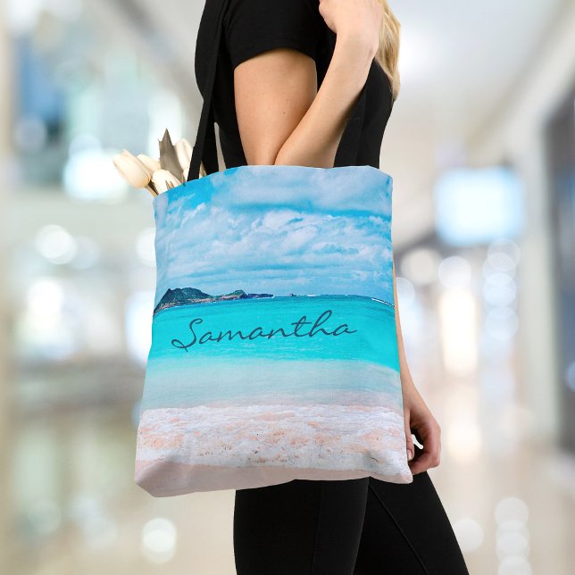 Bolsa Tote Blue Ocean Hawaii Tropical Sandy Beach Nome (Criador carregado)