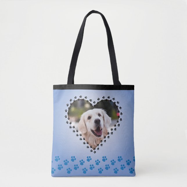 Bolsa Tote Blue Ombre Heart Paw Imprime Cachorro Personalizad (Frente)