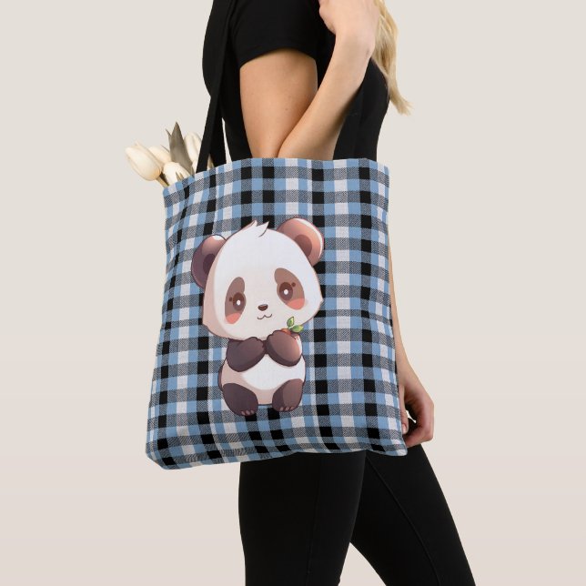 Bolsa Tote Blue Plaid Panda (Close Up)