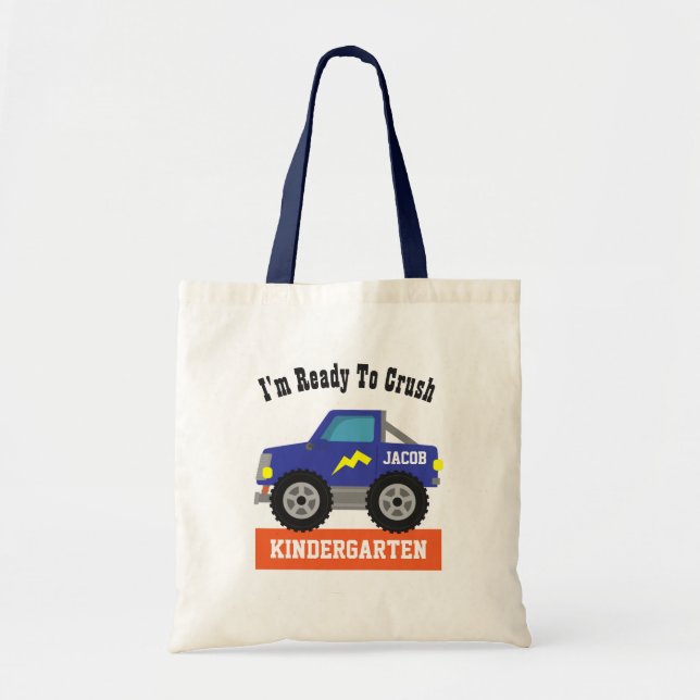Bolsa Tote Blue Racing Truck Crush Kindergarten Boys (Frente)