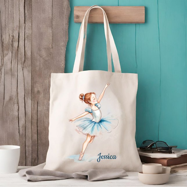 Bolsa Tote Blue Watercolor Ballerina Dancer Natural (Criador carregado)