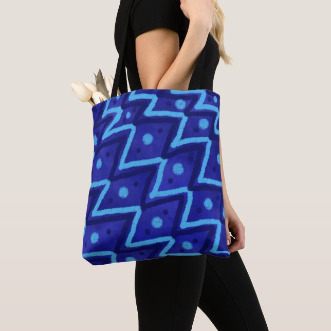 Bolsa Tote Blue Zig Zags Dots Funky Pattern  (Close Up)