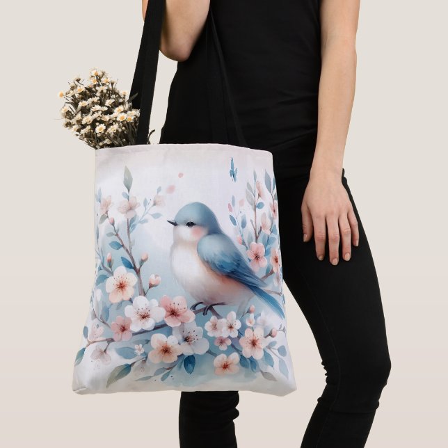 Bolsa Tote Bluebird Blossom Watercolor Serenity (Close Up)