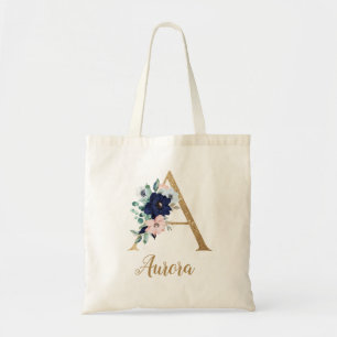 Bolsa Tote Blush Azul Marinho Floral Letra Dourada A