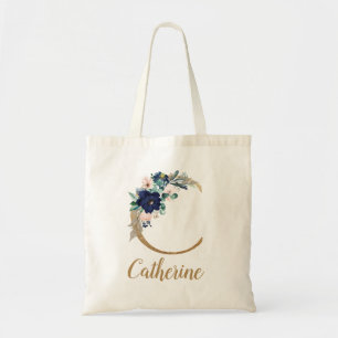 Bolsa Tote Blush Floral Azul Marinho Letra C Dourada
