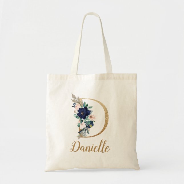 Bolsa Tote Blush Floral Azul Marinho Letra D Dourada (Frente)