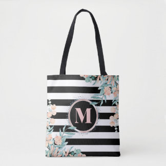 Bolsa Tote Blush Floral em Monograma de Stripe Preta e Branca