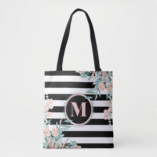 Bolsa Tote Blush Floral em Monograma de Stripe Preta e Branca (Frente)