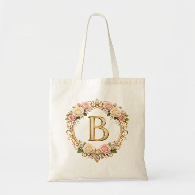 Bolsa Tote Blush Rose Gold Floral Monogram Letter B Wedding  (Frente)
