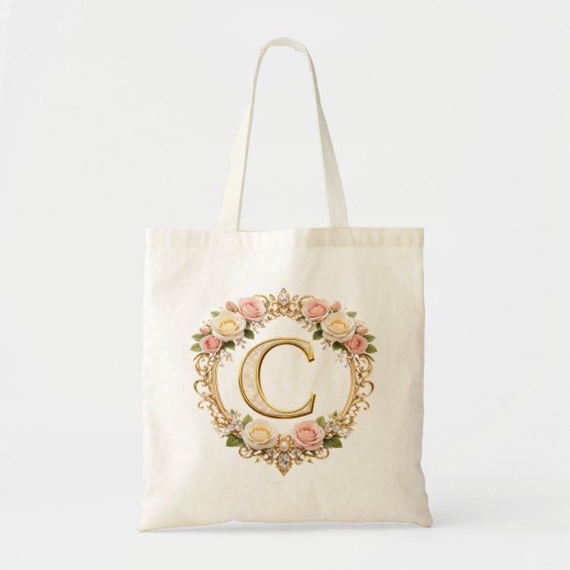 Bolsa Tote Blush Rose Gold Floral Monogram Letter C Wedding (Frente)