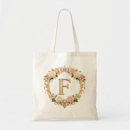 Bolsa Tote Blush Rose Gold Floral Monogram Letter F Wedding