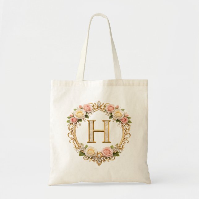 Bolsa Tote Blush Rose Gold Floral Monogram Letter H Wedding (Frente)