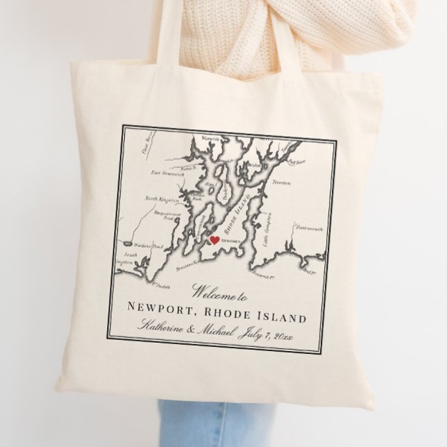 Bolsa Tote Boas-vindas ao Casamento Branco da Ilha Neport Rho (Newport RI Map Wedding Welcome Bag Tote Bag Wedding Favor in Elegant Black and White )
