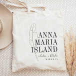 Bolsa Tote Boas-vindas ao Casamento de Destino de Banana Leaf<br><div class="desc">Bem-vindos convidados ao seu casamento de destino com estas mochilas modernas e personalizadas. Design apresenta uma ilustração verde escura da folha de bananas tropical com o seu destino de casamento alinhado à direita (mostrado com Anna Maria Island) em caracteres clássicos de serifa. Adicione seus nomes em um script cursivo manuscrito,...</div>