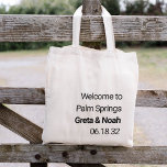 Bolsa Tote Boas-vindas ao Casamento de Destino de Texto Minim<br><div class="desc">Bem-vindos convidados ao seu casamento de destino com estas mochilas modernas e personalizadas. Design apresenta "bem-vindo a [destino]" em letras sans serif negras com seus nomes e data de casamento abaixo,  alinhadas no canto inferior direito para um olhar minimalista e moderno do meio século.</div>