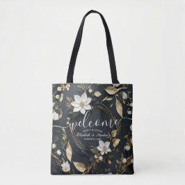 Bolsa Tote Boas-vindas ao casamento Dourado Floral Branco Neg
