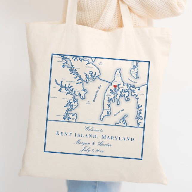 Bolsa Tote Boas-vindas ao Mapa de Maryland em Kent Island (These Kent Island Destination Wedding tote bags are perfect wedding favors for your Maryland wedding)