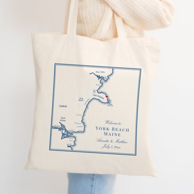 Bolsa Tote Boas-vindas ao Mapa Elegante do Maine de York Beac (These York Beach, Maine map Wedding Tote Bags are perfect for your coastal destination wedding.)