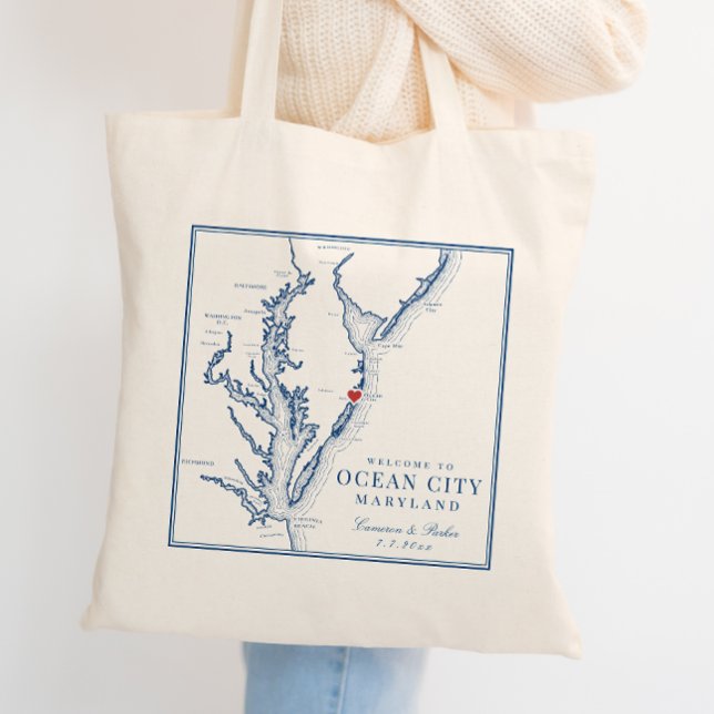 Bolsa Tote Boas-vindas ao Marinho Elegante de Ocean City Mary (Ocean City MD Wedding Guest Welcome Bag in elegant navy blue from Coastal Map Designs)