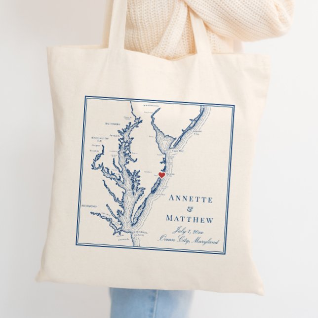 Bolsa Tote Boas-vindas ao Marinho Elegante de Ocean City Mary (Ocean City Maryland Wedding Favor Welcome Tote Bag in elegant navy blue from Coastal Map Designs)