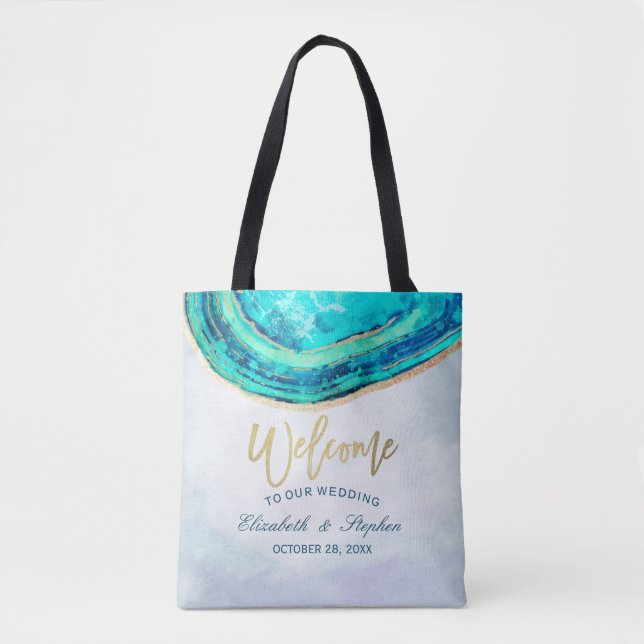 Bolsa Tote Boas-vindas Watercolor Teal & Dourado Agate Geode (Frente)
