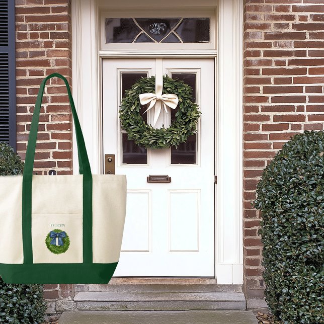 Bolsa Tote Boat de trim de contraste do Arco azul da camada b (boxwood wreath with bow personalized name tote bag)