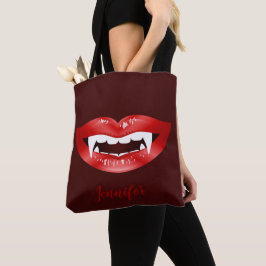Bolsa Tote Boca Vampira De Lábios Vermelhos Ilustrada E Nome