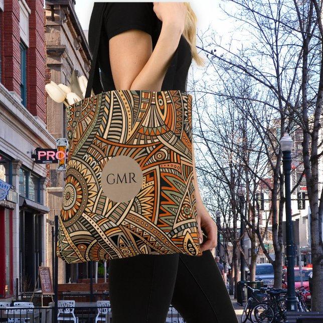 Bolsa Tote Boêmio Marrom, Ferrugem & Preto Design Monograma  (Criador carregado)