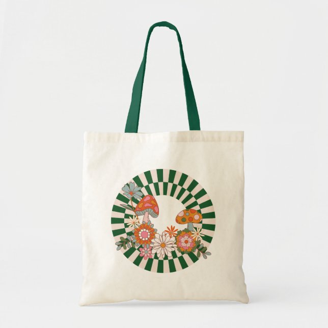 Bolsa Tote Bohemiam Groovy Flowers, padrão de tabuleiro (Frente)