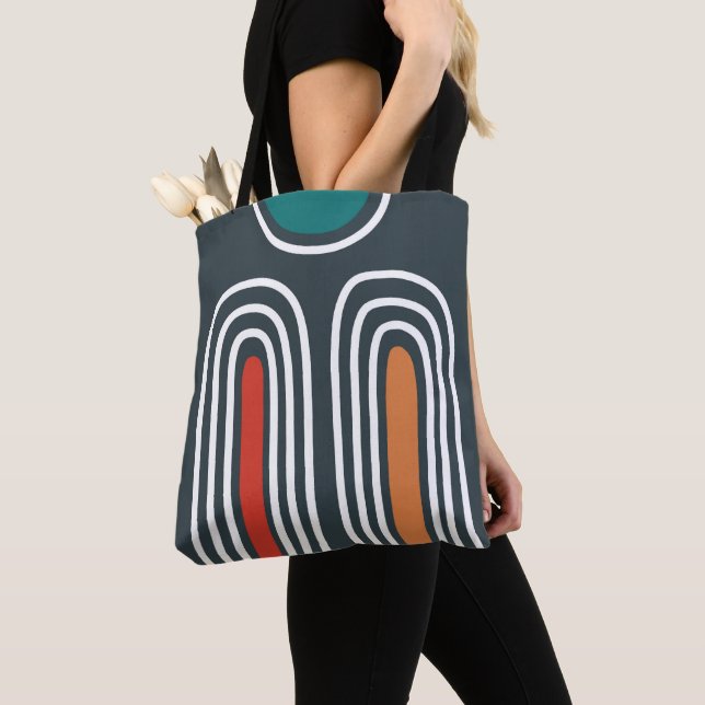 Bolsa Tote Boho abstract rainbow art in blue background (Close Up)