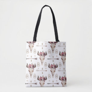 Bolsa Tote Boho aquarela: setas, padrão do crânio.