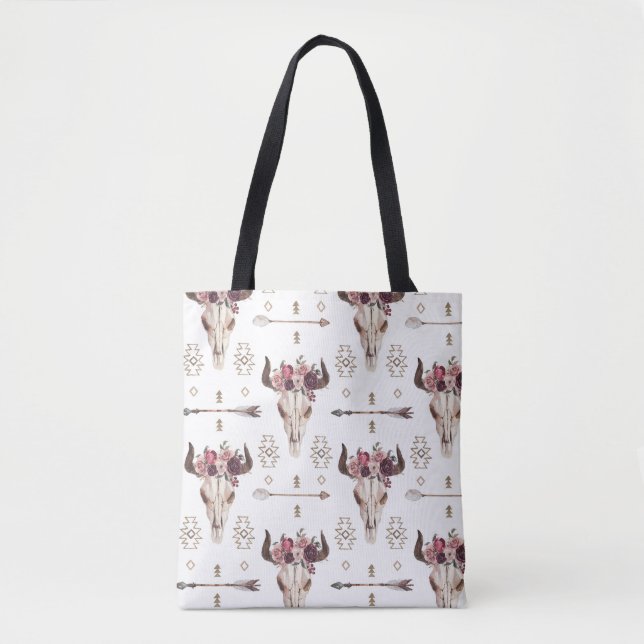 Bolsa Tote Boho aquarela: setas, padrão do crânio. (Frente)