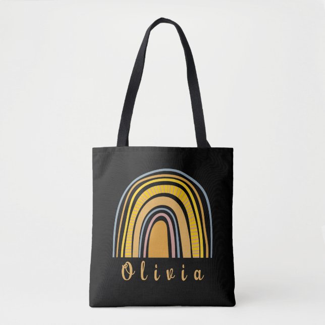 Bolsa Tote Boho Arco-íris com Nome Personalizado Whimsical (Frente)