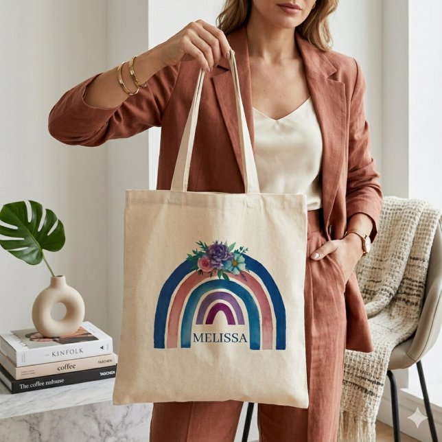 Bolsa Tote Boho Arco-íris personalizado com Flores (Criador carregado)